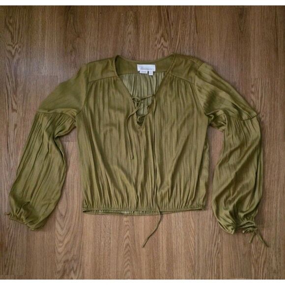 By Anthropologie Lace-Up V-Neck Blouse Size Medium Green Gold Feminine - Picture 2 of 8